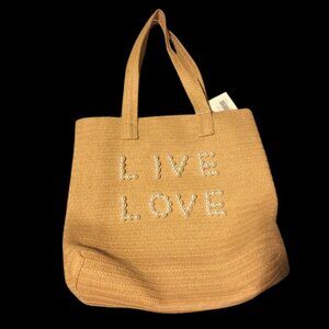 Straw Tote with Beaded Text Live Love NWT